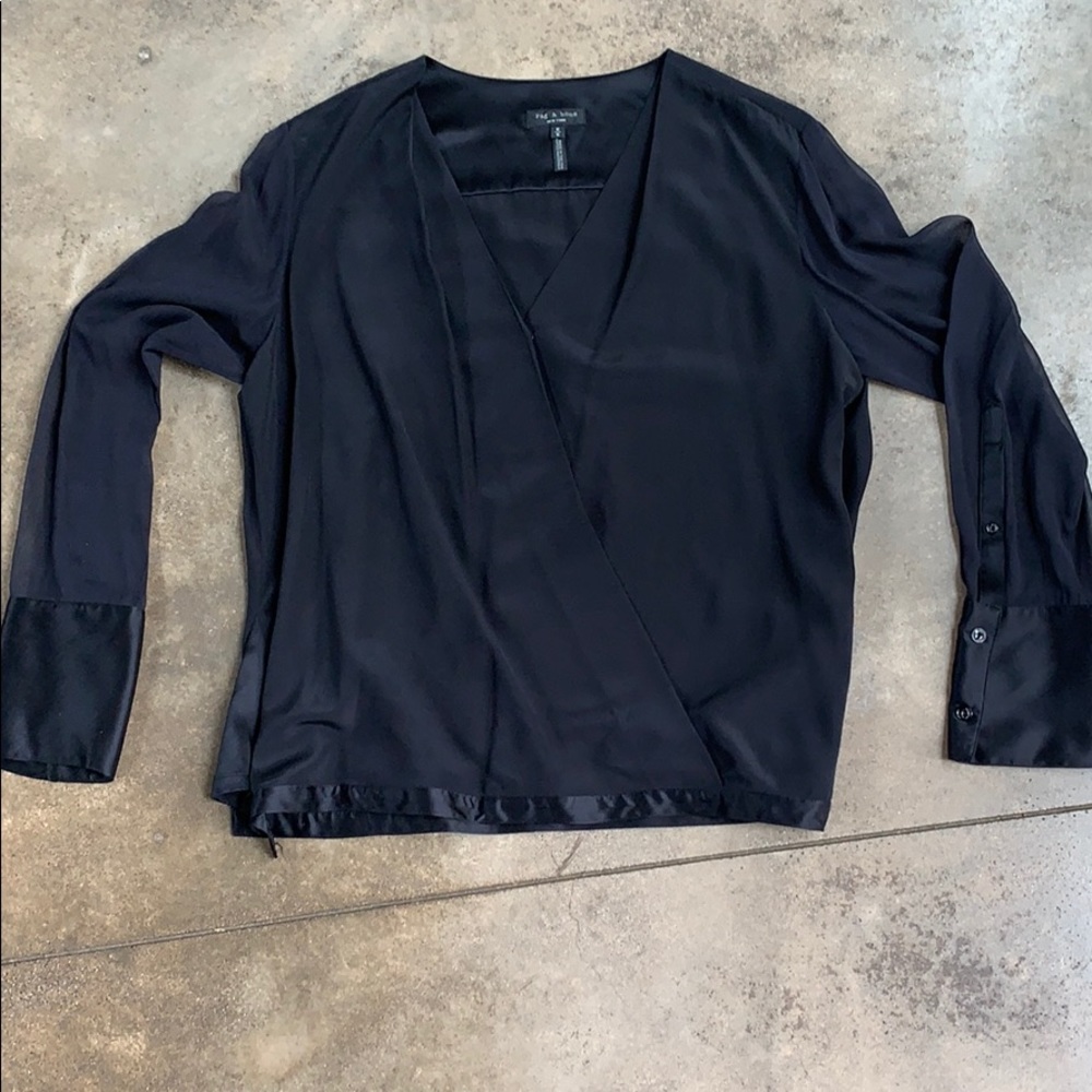 rag & bone Black Silk Blouse Sheer Sleeves